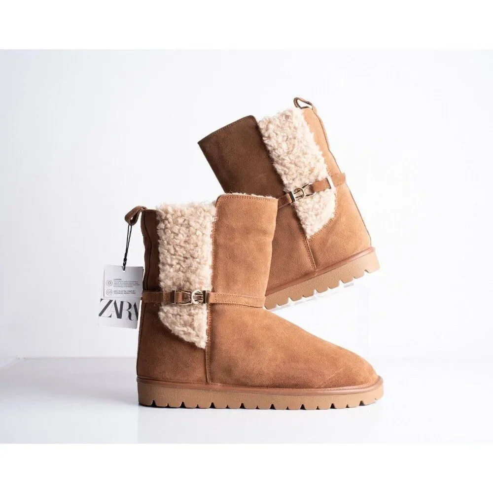 Zara Womens Suede Ankle Boots Flats Sherpa Lined Brown US 9 EU 40 2171/210 NWT
